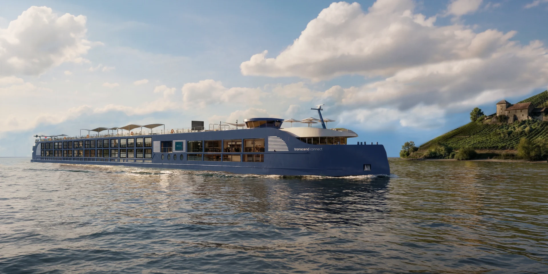 Transcend Cruises — banked aerial view of ship at full speed