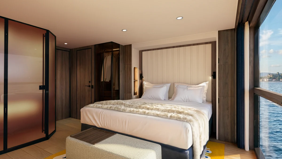 Stateroom — bedroom with smart-glass partition frosted for privacy